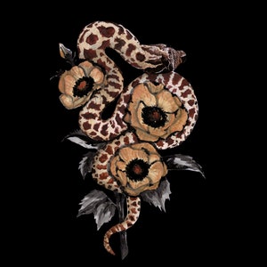 Puede incluir: Una pintura de acuarela de una serpiente marr&oacute;n y negra envuelta alrededor de tres flores beige con centros oscuros. La serpiente y las flores est&aacute;n sobre un fondo negro.