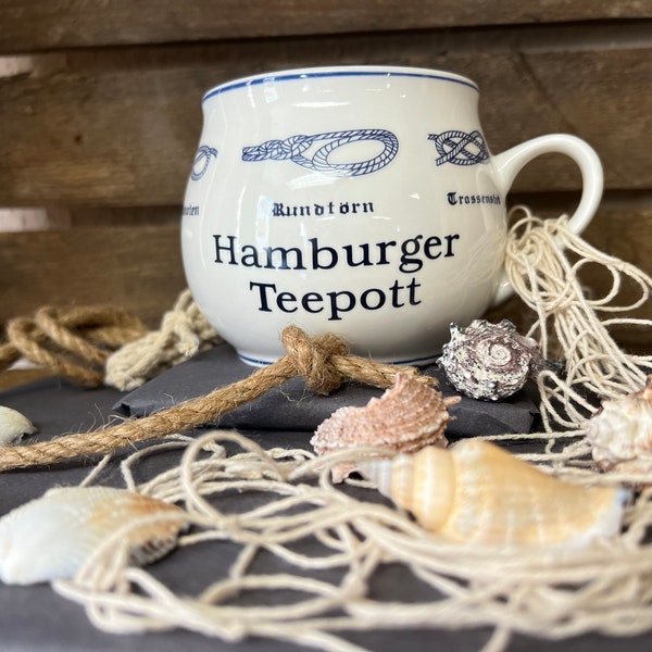 Hamburger Teepott als Geschenk verpackt / maritime Tasse Becher Hamburg Nautik mit Knoten Ebbe und Flut