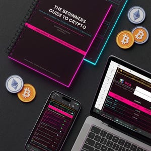 May include: A dark-themed setup with a laptop, smartphone, and a book titled "THE BEGINNERS GUIDE TO CRYPTO." Bitcoin and Ethereum tokens are placed around. The laptop and phone screens show cryptocurrency data and charts.