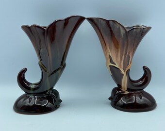 Ceramic Craft Inspired Brown Vase Pair. Pottery Art. Vintage