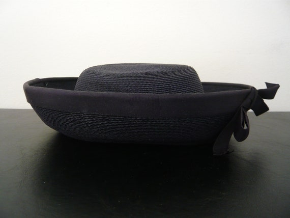 Vintage Navy Blue Woven Hat w/ Bow Bullock’s Pasa… - image 1