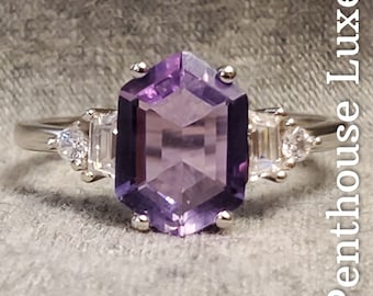 SOLID 925 Sterling Silver Elongated Hexagon Cut Purple Amethyst Trapezoid & Brilliant Cut Cubic Zirconia CZ Ring