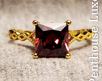 REAL Princess Cut Red Garnet Dainty 14k Yellow Gold 925 Sterling Silver Thin Delicate Wavy Criss-Cross Band Ring