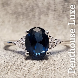 SOLID 925 Sterling Silver Stamped Oval Cut London Blue Topaz Solitaire Brilliant Cut White Topaz Accent Ring image 1
