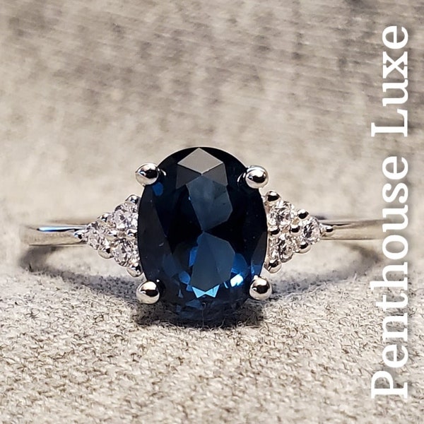 SOLID 925 Sterling Silver Stamped Oval Cut London Blue Topaz Solitaire Brilliant Cut White Topaz Accent Ring