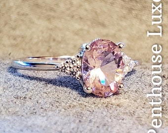 SOLID 925 Sterling Silver Oval Cut Morganite Solitaire Brilliant Cut Cubic Zirconia Accent 7 Stone Ring