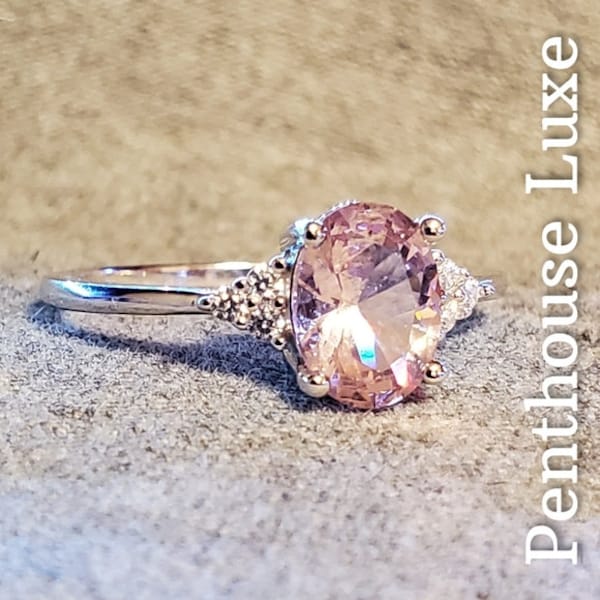 SOLID 925 Sterling Silver Oval Cut Morganite Solitaire Brilliant Cut Cubic Zirconia Accent 7 Stone Ring