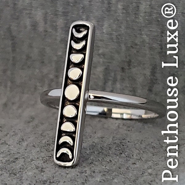SOLID 925 Sterling Silver Silver Moon Phase Vertical Stacked Long Bar Black Rectangle Celestial Night Sky Full Crescent Women's Unisex Ring
