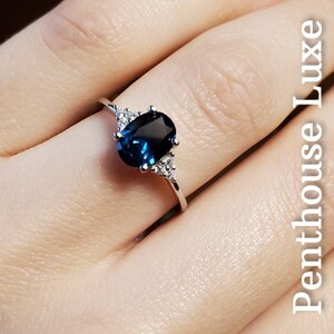 SOLID 925 Sterling Silver Stamped Oval Cut London Blue Topaz Solitaire Brilliant Cut White Topaz Accent Ring image 4