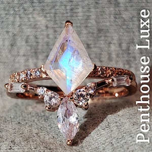 REAL Kite Cut Moonstone Rose Gold Sterling Silver Brilliant Baguette & Marquise White Topaz 2 Ring Set