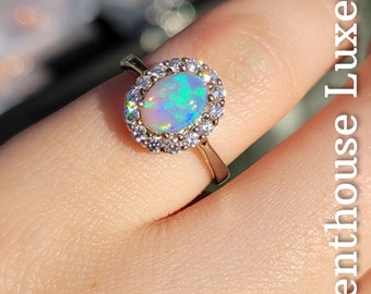 REAL Natural Opal w/ Round Cut CZ Halo Solid 925 Sterling Silver Ring