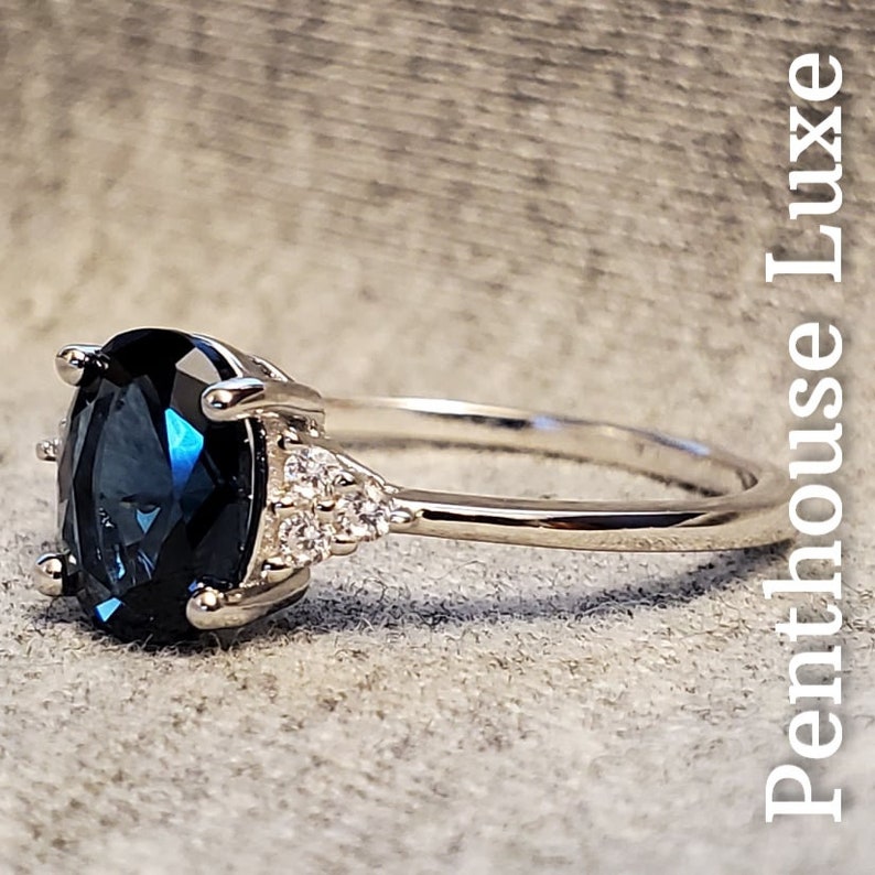 SOLID 925 Sterling Silver Stamped Oval Cut London Blue Topaz Solitaire Brilliant Cut White Topaz Accent Ring image 2