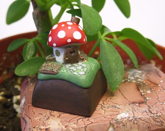 Tiny Mushroom House / Fairy House / Fairy Garden / Handmade, Hand-Sculpted, Hand-Painted Artisan Keycap for MX Switches