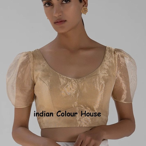 Goldene reine Gewebebluse mit Puffärmeln und handgemachten Quasten für Frauen, Designer Sari-Bluse indische Hochzeitskleidung maßgefertigte Bluse