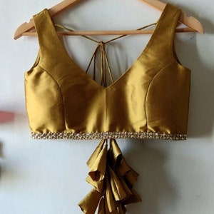 Designer made Golden Color Premium Silk V-Neck Sleeveless Handmade Blouse with Tassels, Saree Blouse, Bridesmaid Wedding wear Saree Blouse.