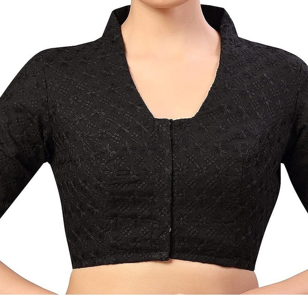 Designer Indian color black BLOUSE with self design hand stitched Black Saree BLOUSE With Sleeve, Chikankari BLOUSE || Free Shipping |