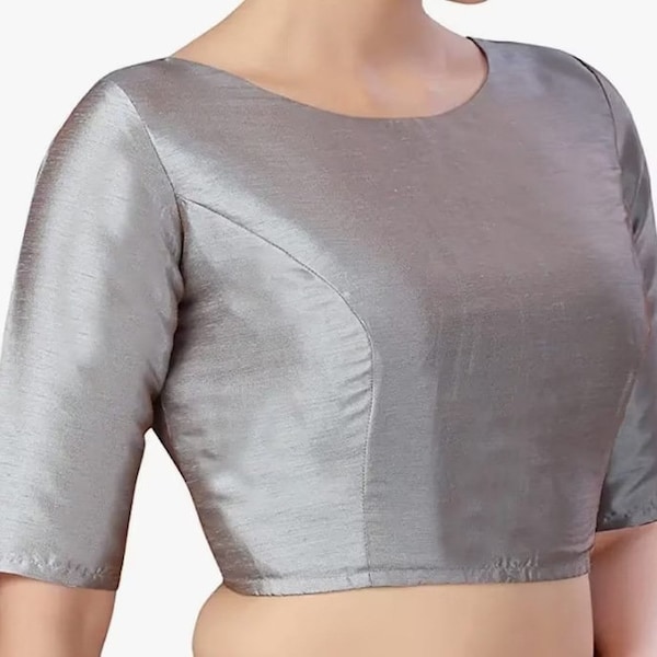 Indian Designer Gray Pure Silk Blouse In Boat Neck, Elbow Sleeves Blouse, Indian Blouse, Saree Blouse, Lehanga Blouse