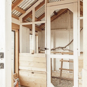 May include: A rustic chicken coop with a white-painted wooden frame, wire mesh, and a corrugated metal roof. The coop features a wooden door, a branch perch, and a small ladder. The interior is visible through the open door.