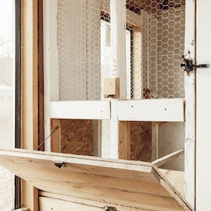 May include: A rustic wooden chicken coop with a hinged door and wire mesh panels. The coop features natural wood tones, white painted supports, and a metal latch. The design suggests a focus on functionality and a connection to nature.