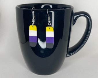 Non-Binary Pride Flag and Lowkey Marbled Non-Binary Pride Flag Bar Dangle Earrings