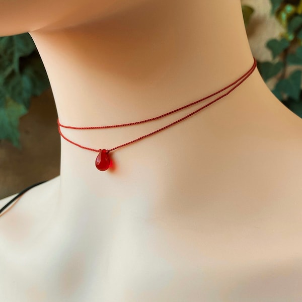 Red Teardrop Choker, Double Strand Layering Necklace, 12 to 16 Inch Red String Necklace