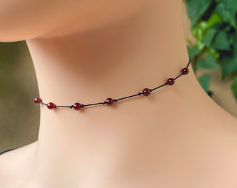 Garnet Crystal Choker, Natural Gemstone String Necklace, 12 to 16 Inch Boho Cord Choker