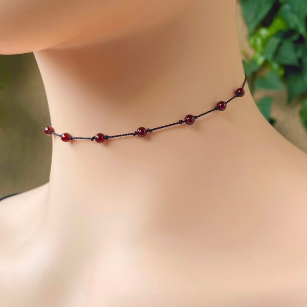 Garnet Crystal Choker, Natural Gemstone String Necklace, 12 to 16 Inch Boho Cord Choker