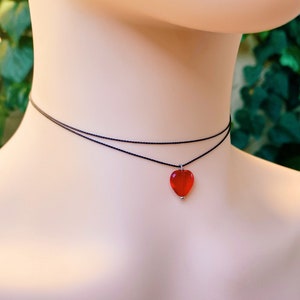 Heart Pendant Choker, Double Strand Layering Necklace, Red Glass Heart Necklace with Black Cord, 12 to 16 Inch String Necklace