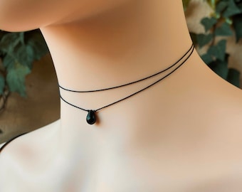 Black Teardrop Choker, Double Strand Layering Necklace, 12 to 16 Inch Cord String Choker