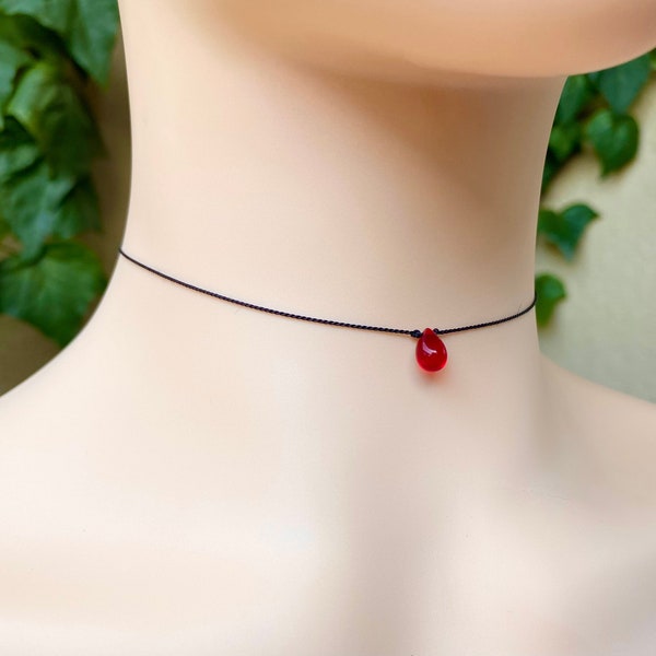 Blood Drop Necklace, Red Teardrop Choker, Glass Bead Cord Choker, 12 to 16 Inch String Necklace