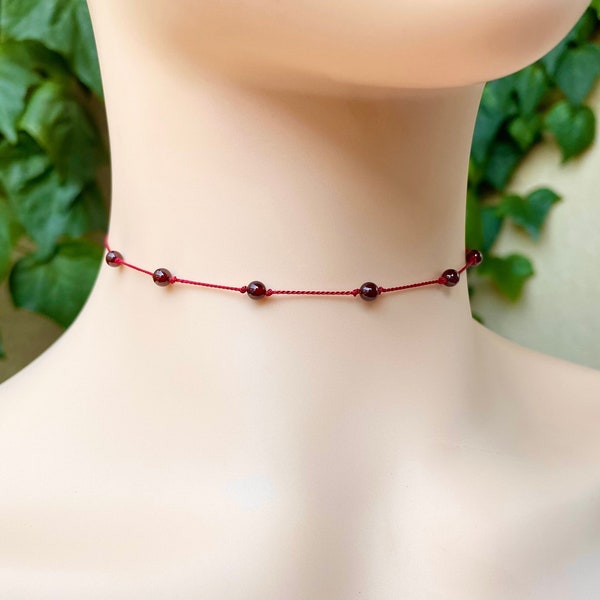 Blood Red Garnet Crystal Choker, Gemstone Cord Choker, 12 to 16 Inch String Necklace