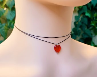 Heart Pendant Choker, Double Strand Layering Necklace, Red Glass Heart Necklace with Black Cord, 12 to 16 Inch String Necklace