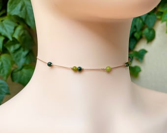 Green Jade Beaded Choker: Natural Gemstone Boho Necklace