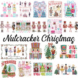 Op de afbeelding: Een digitale collectie van kerstillustraties met het thema Notenkraker, met notenkrakersoldaten, ballerina's, muizen, kerstbomen en feestelijke teksten zoals 'The Nutcracker', 'Holly Jolly' en 'Yall Are Nuts' in levendige roze, groene en blauwe kleuren.