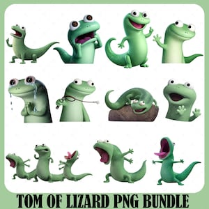 May include: A collection of cartoon green lizards in various poses and expressions. Some lizards are smiling, crying, or holding objects. The text "TOM OF LIZARD PNG BUNDLE" is at the bottom of the image.