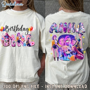 May include: Off-white t-shirt with the words "Birthday GIRL" in a whimsical font, decorated with colourful illustrations. The back of the shirt shows the name "ANNA" with a group of animated characters. A fun, festive design.