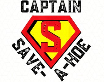 May include: A graphic design featuring the text CAPTAIN in black, a red and yellow shield emblem with a large red letter S in the center, and the text SAVE-A-HOE in black. The top left corner displays QaiDaa, and the bottom reads 300 DPI PNG FILE.