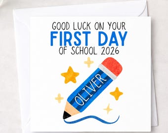 First day at school card personalised with name, for boy