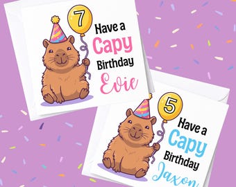 Capybara Birthday card, Capy Birthday, personalised children’s card, name and age