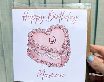 Personalised Birthday card name and age, coquette heart cake card for her