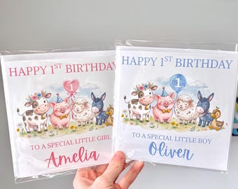 Personalised 1st Birthday card with name, farm animal theme card for baby first Birthday