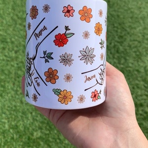 May include: White ceramic mug with a floral design and the names "Mama", "Evie", and "Jaxon" written on it.