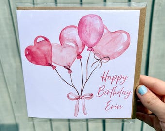 Personalised name Birthday card name, coquette heart balloons card for her