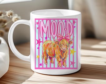 MOOD highland cow mug, preppy striped mug, moody cow gift