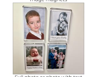 May include: Four rectangular fridge magnets with personalized photos. The magnets feature family photos, including a child, a baby, and a family portrait. Text on the magnets reads "I love you Daddy" and "Happy Mother's Day". The image also states "Personalised photo fridge magnets".