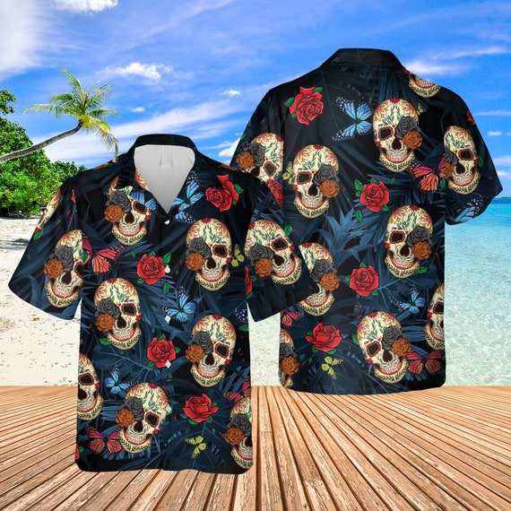 Sugar Skull Hawaiian Shirt Day of the Dead Floral Skull Dia Etsy