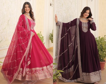 Belle robe Anarkali Robe cousue complète, robe de mariage indienne, tenue de soirée costume 3 pièces, robe longue avec coussinets attachés en dupatta