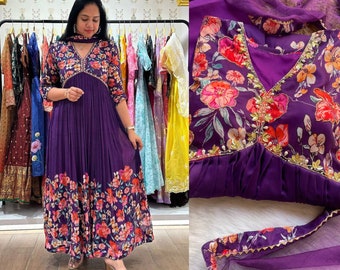 Wunderschönes lila indisches Designer-gesticktes Kurta mit echter Spiegelarbeit, gerades Kurta-Hosen-Set und Dupatta, 3-teiliges Partykleidungskleid mit Nayra-Schnitt,