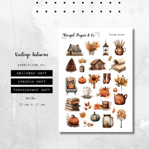 Folha de adesivos com motivos de outono em estilo vintage, adesivos removíveis individualmente para bullet journals, planners e calendários
