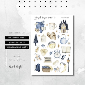 Stickervel met individueel verwijderbare stickers "Good Night" met pyjama, wekker etc. voor bullet journal, planner en kalender | waterverf